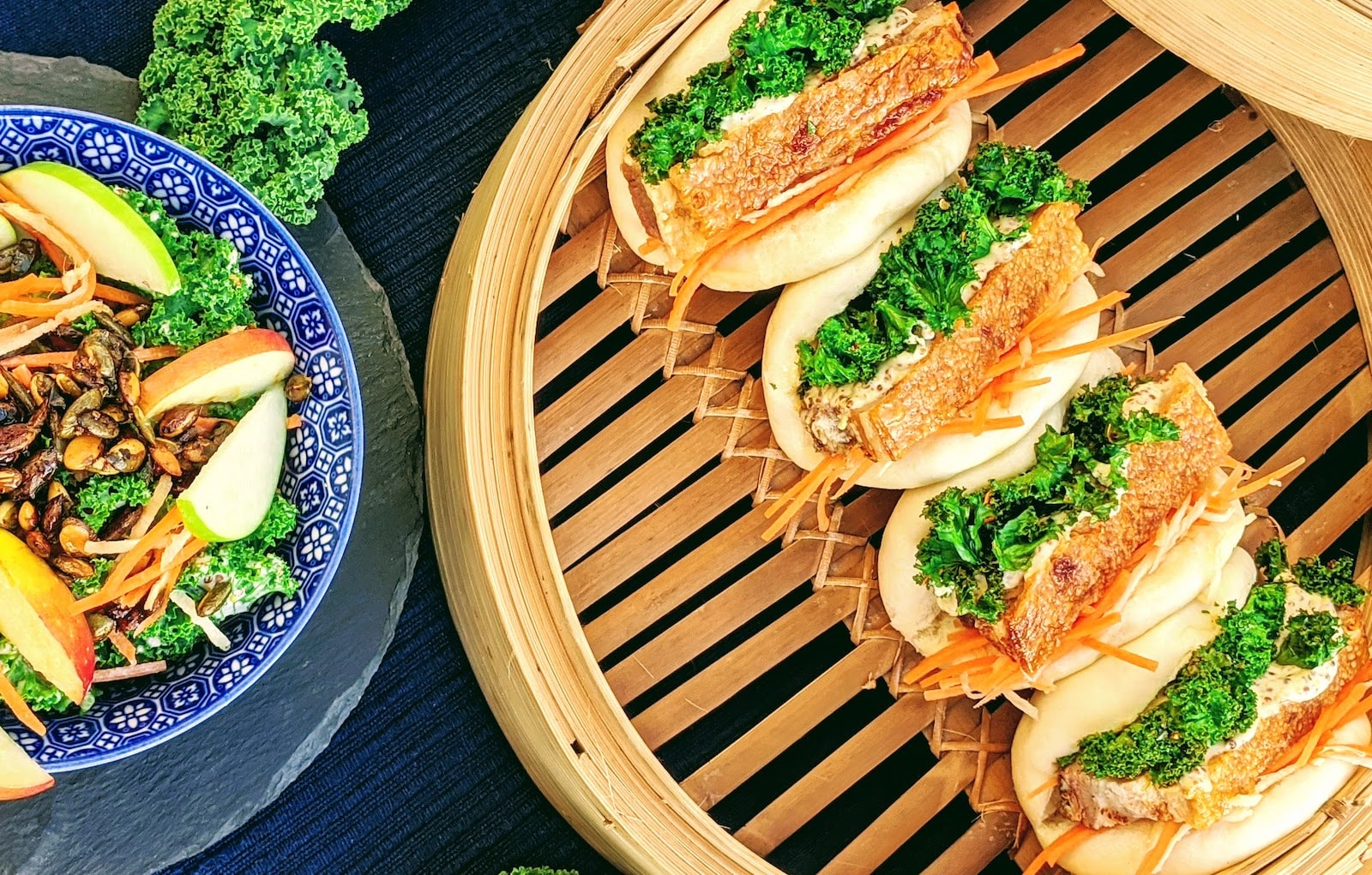 Bao buns filled with roast pork belly, crackling, crispy kale and mustard dressing by Bao Selecta - 
