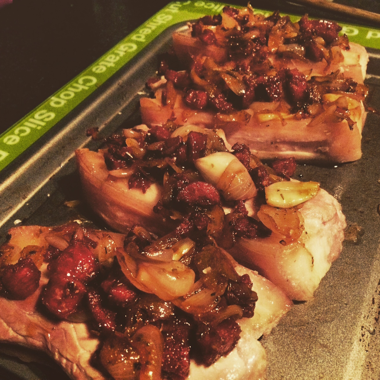 Pork cutlets with chorizo and shallot crust by The Rare Welsh Bit - Porc Blasus